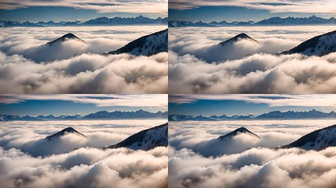 雪山云雾森林阳光树林远山峰大自然生态风景