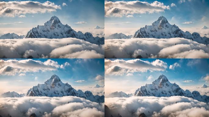 雪山云雾森林阳光树林远山峰大自然生态风景