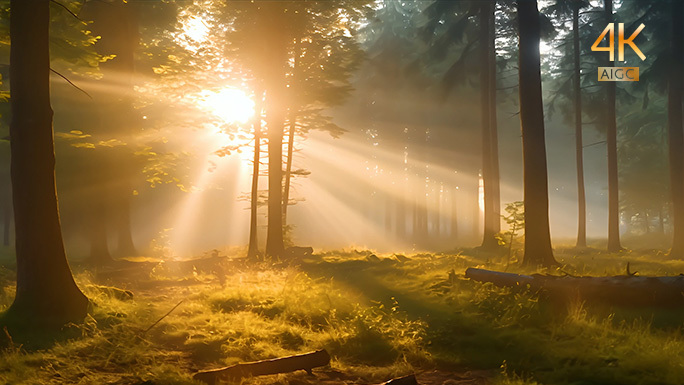 日出唯美光影 树林温柔光线穿过迷雾森林