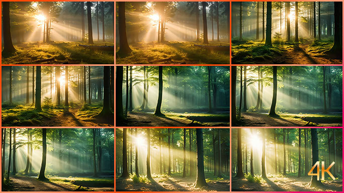 日出唯美光影 树林温柔光线穿过迷雾森林