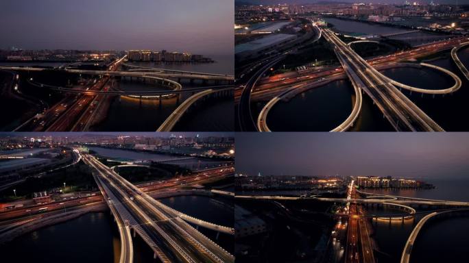 青岛城市高架立交桥夜景航拍