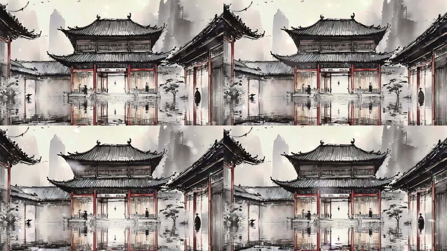 水墨画倒影庭院