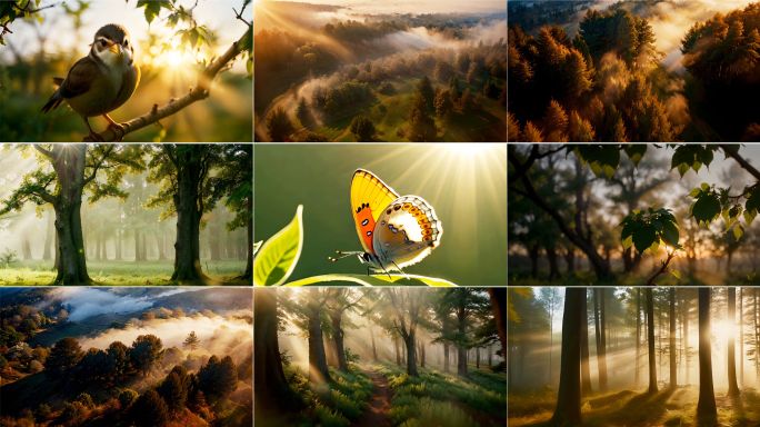 大自然森林清晨阳光小鸟蝴蝶