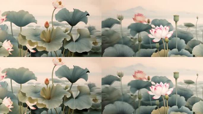 古典中国风荷花池塘荷叶莲花背景视频8K