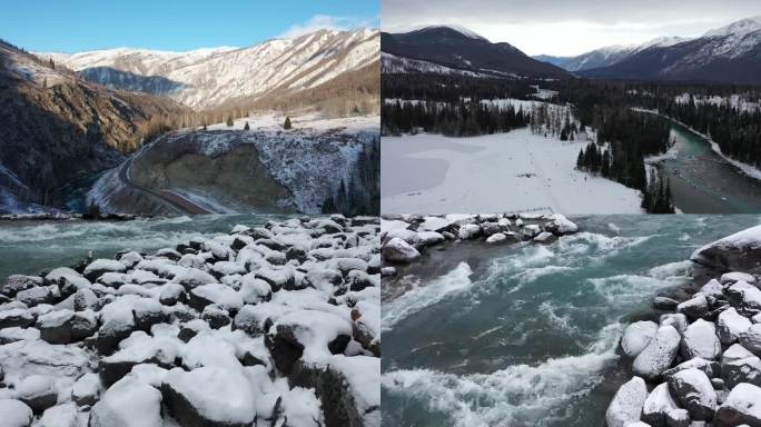 雪山湖泊-新疆喀纳斯湖冬季-航拍合集4K