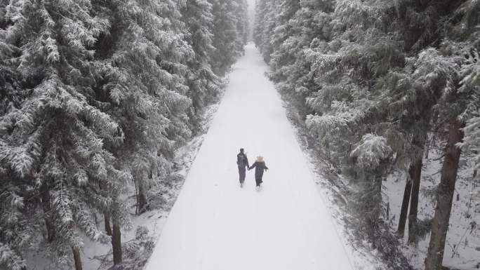 一对情侣在雪中森林里奔跑 原创4K