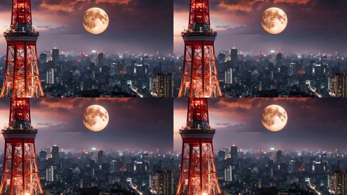 东京铁塔和圆月