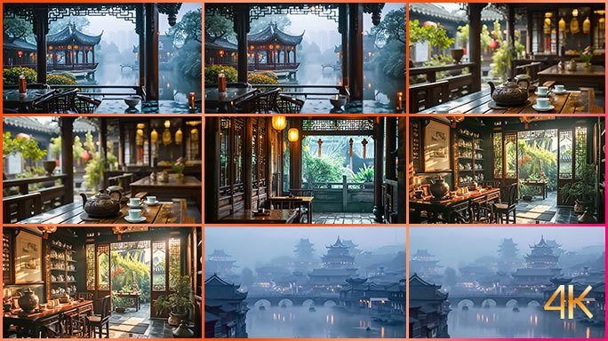 中国传统古风园林餐厅 精致国风古城老茶馆