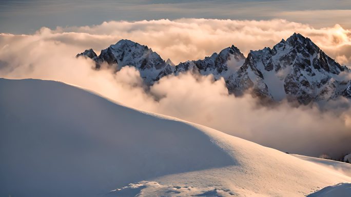 雪山云雾森林阳光树林远山峰大自然生态风景