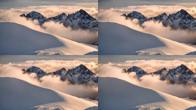 雪山云雾森林阳光树林远山峰大自然生态风景