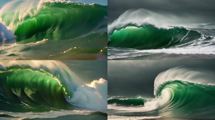 绿色大海巨浪海啸乘风破浪
