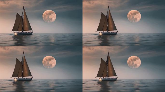 海洋上的圆月和帆船