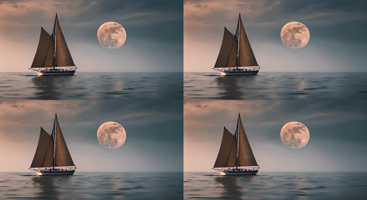 海洋上的圆月和帆船