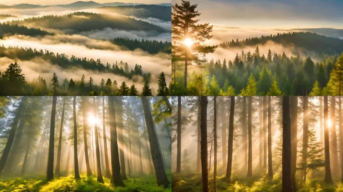 森林树林唯美清晨云雾晨雾温暖阳光自然风景