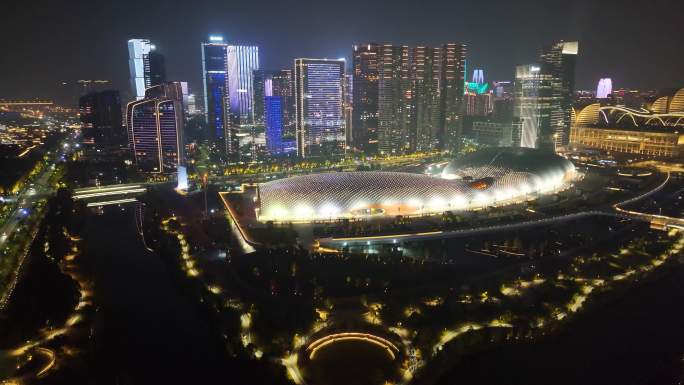 杭州奥体中心杭州之门夜晚夜景航拍亚运会体