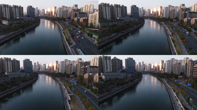 夕阳下的成都航拍城市景观锦江九眼桥