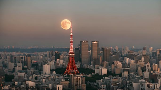 中秋东京塔和圆月