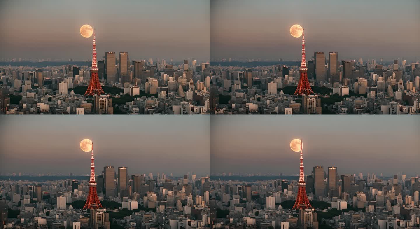 中秋东京塔和圆月