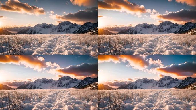 雪山云雾森林阳光树林远山峰大自然生态风景