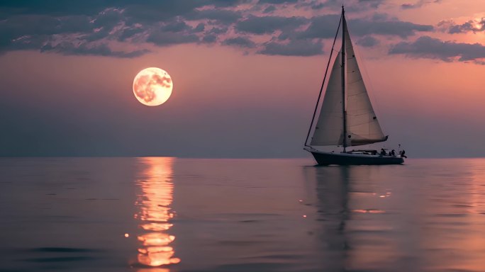 湖面圆月与帆船