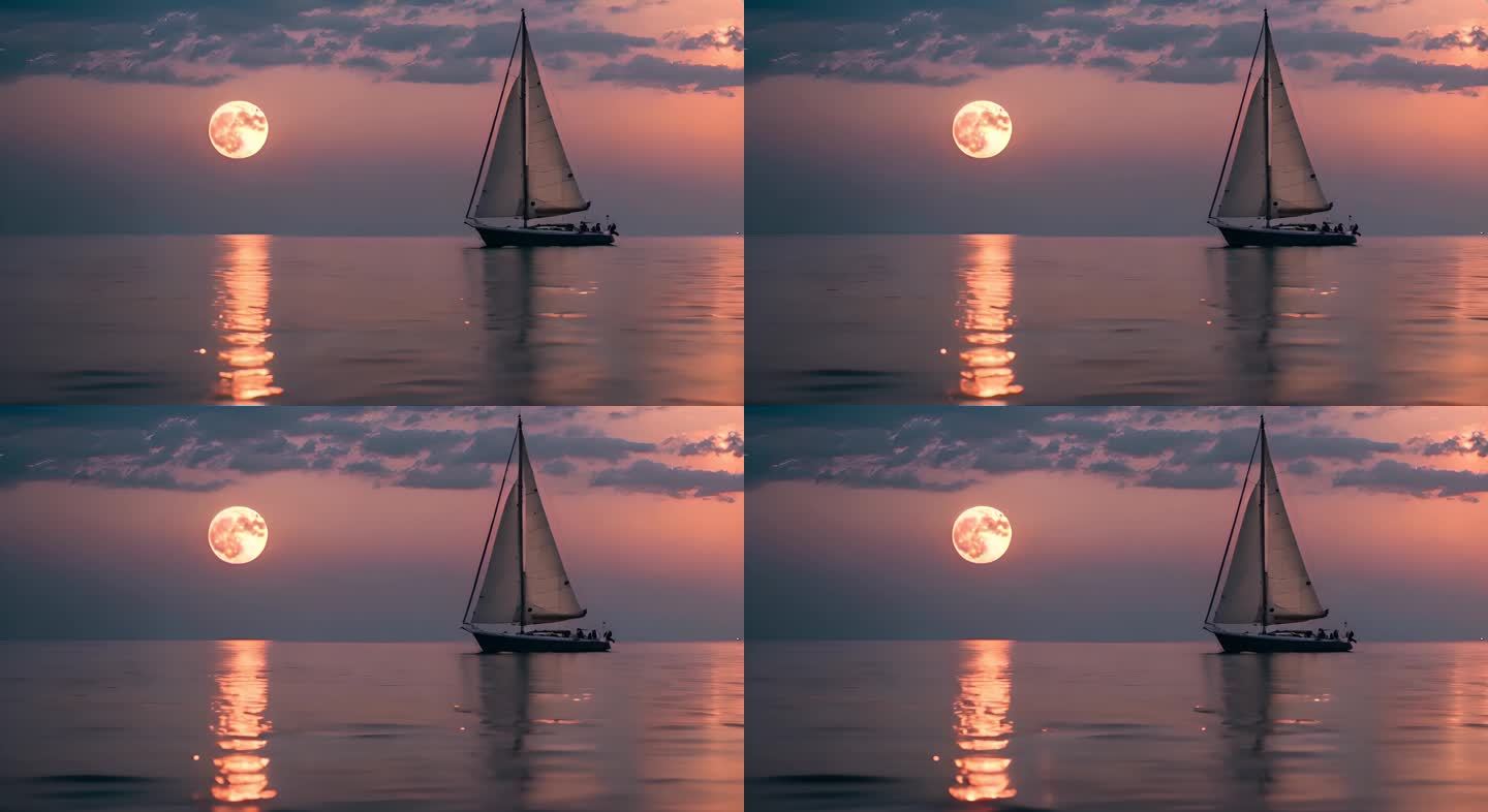 湖面圆月与帆船