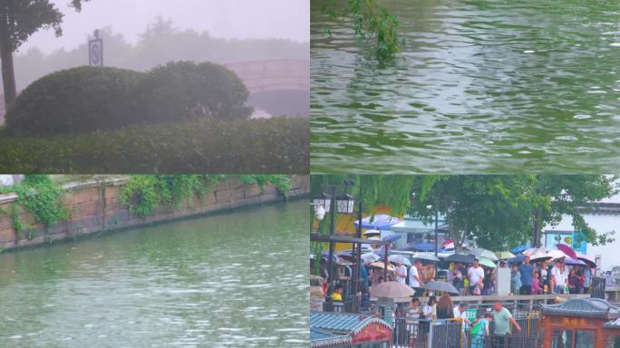 江苏苏州姑苏寒山寺江南水乡下雨季游客风景