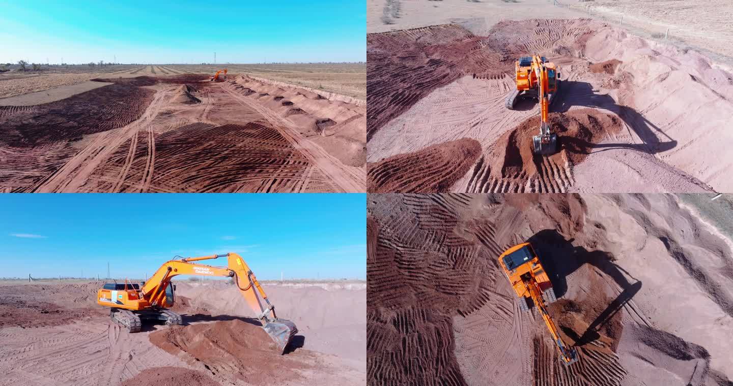 挖掘机挖土施工航拍