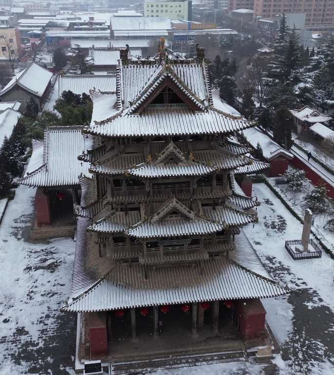 山西运城万荣东岳庙 万荣飞云楼 雪景航拍