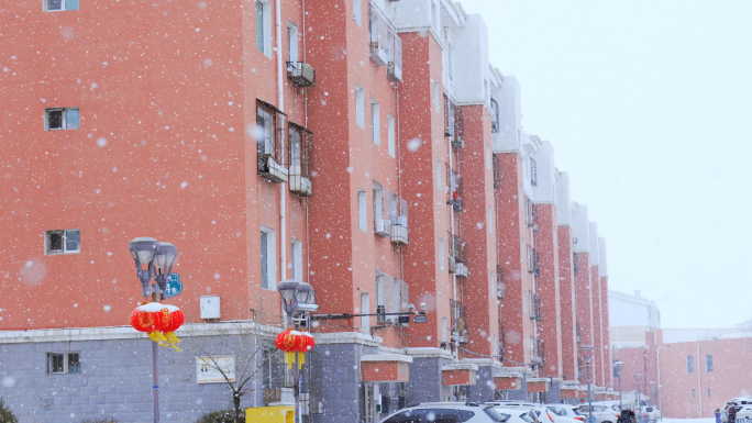 北方城市下雪小区住宅雪景空镜