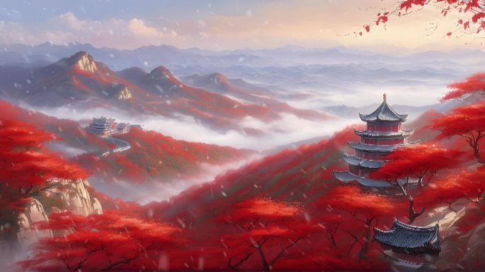 I山上的红色枫叶建筑寺庙