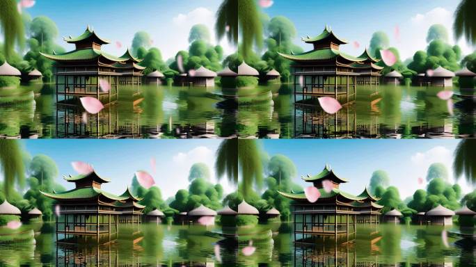中式庭院水中倒影视频素材