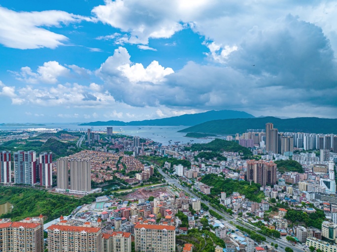 滨海海岸线城市大景高空航拍延时摄影