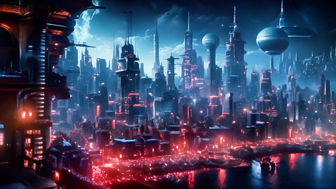 未来赛博朋克科幻都市城市夜景繁华大屏