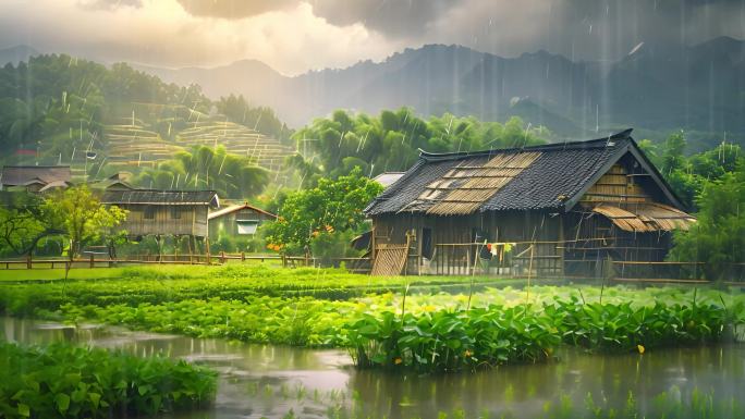 雨水节气下雨空镜头