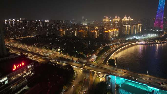 广州海珠区阅江西路猎德大桥夜晚夜景珠江航