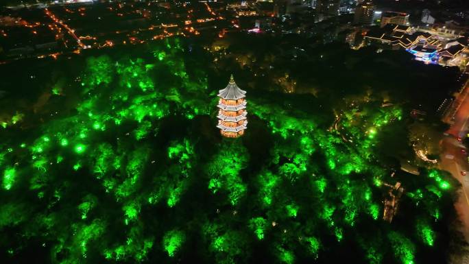 绍兴夜晚航拍蕺山公园蕺山亭夜景越城区浙江