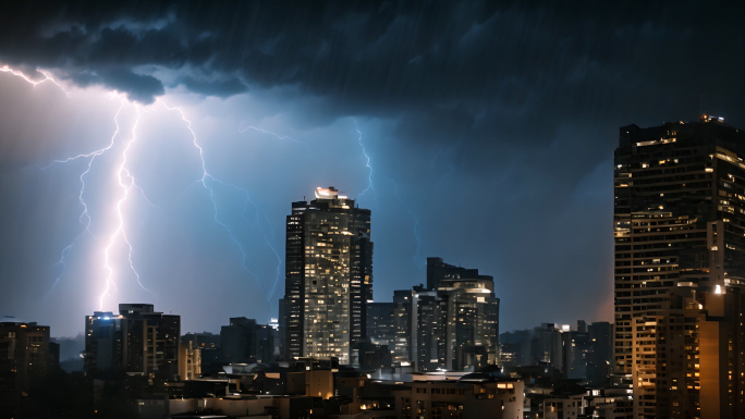 下雨天城市夜晚暴雨闪电