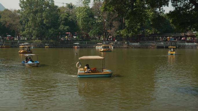 公园里游客划游艇