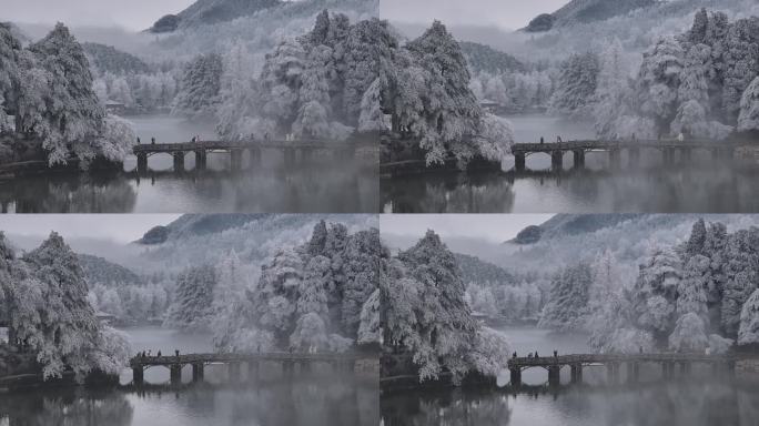 庐山如琴湖游人云雾雪景航拍