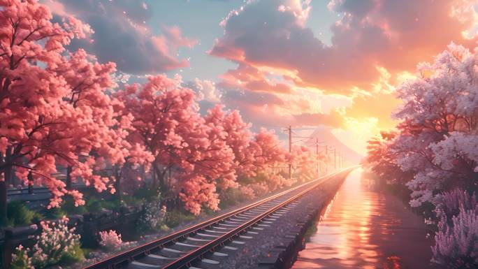 花丛中行驶的高铁开往春天的列车