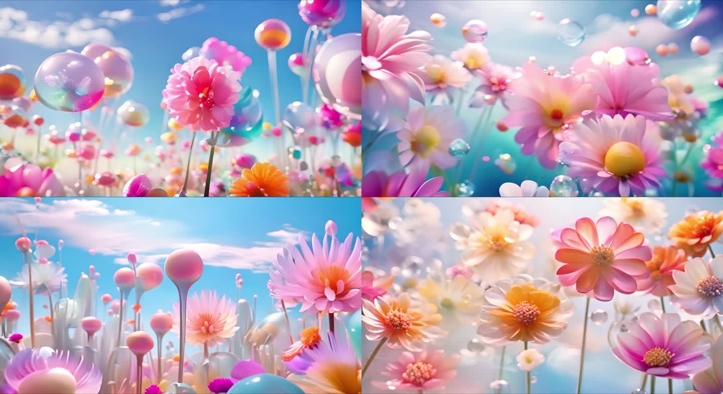 彩色卡通世界梦幻花朵花园少儿大屏背景2
