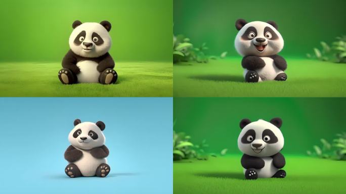蓝色绿色背景下一只可爱的3D熊猫特写