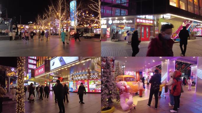 北京西单商圈夜景人流游客游人拍照春节过年