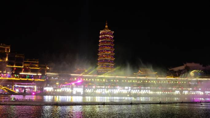 中国风古镇大型音乐喷泉水幕秀