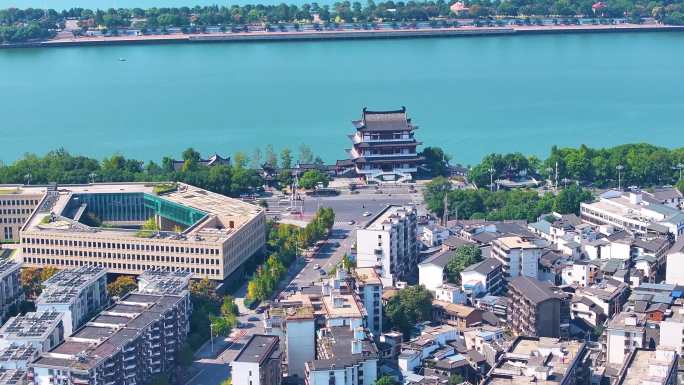 湖南长沙湘江杜甫江阁茶馆航拍城市地标风景