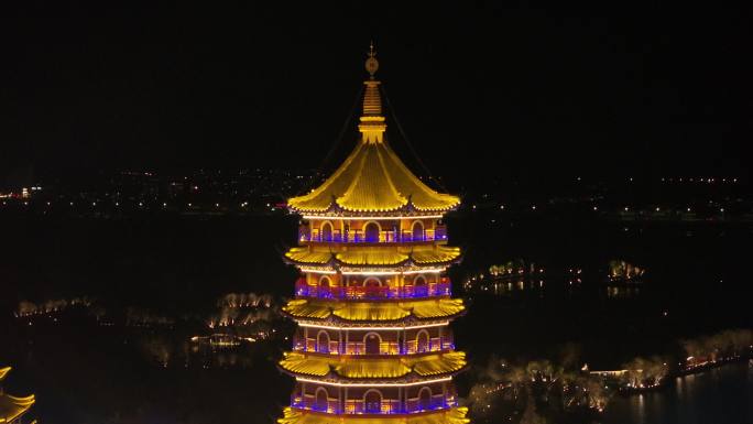 浙江湖州龙之梦太湖古镇夜晚航拍