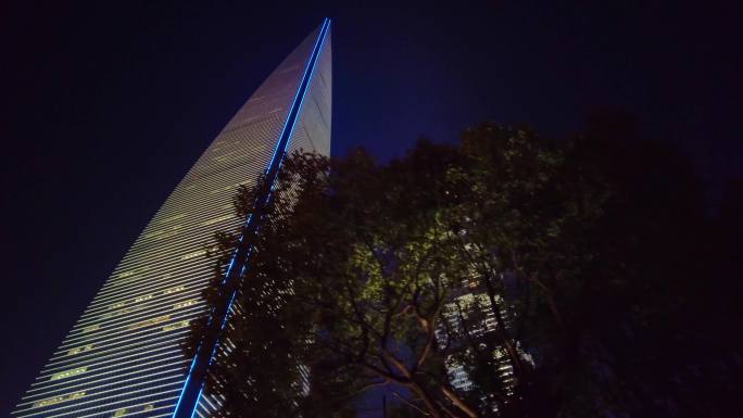 夜晚仰望陆家嘴三件套高楼大厦夜景城市风景