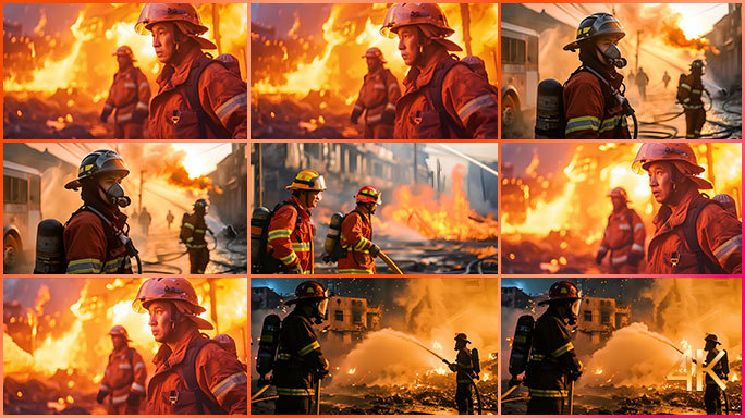 火灾现场消防员到达救援现场 消防抢险灭火