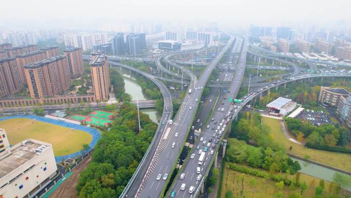 杭州上城区石德立交桥高架桥车流风景视频素