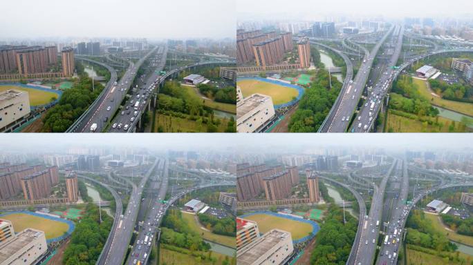 杭州上城区石德立交桥高架桥车流风景视频素
